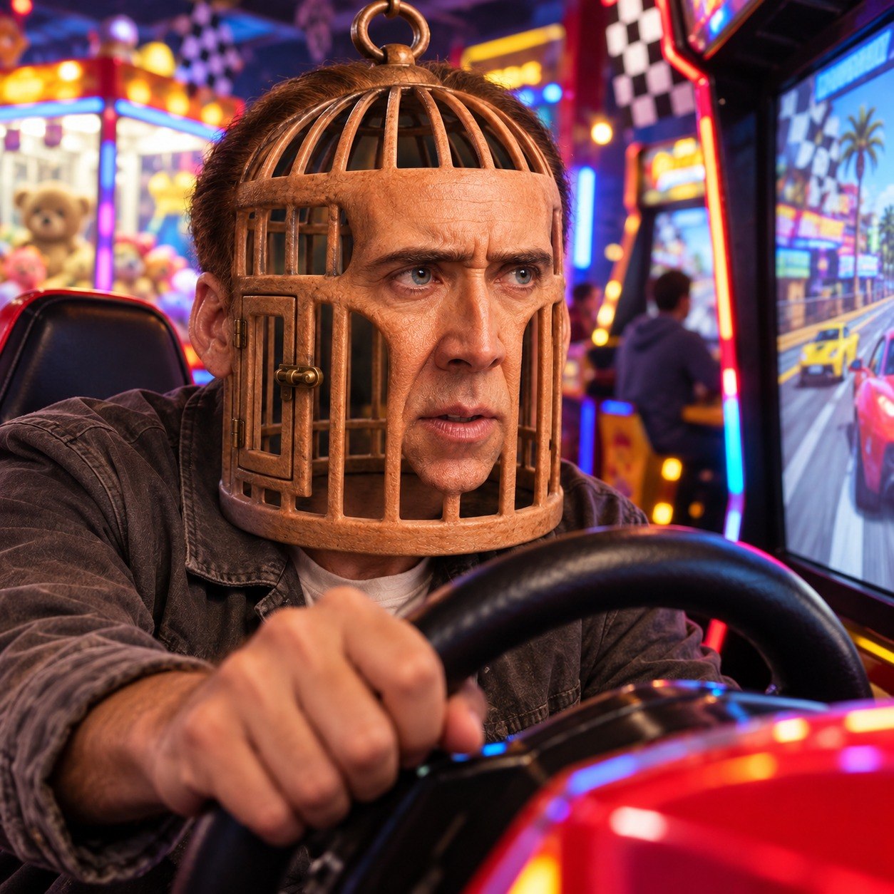 Nicolas Cage in a head-cage playing an arcade racing game