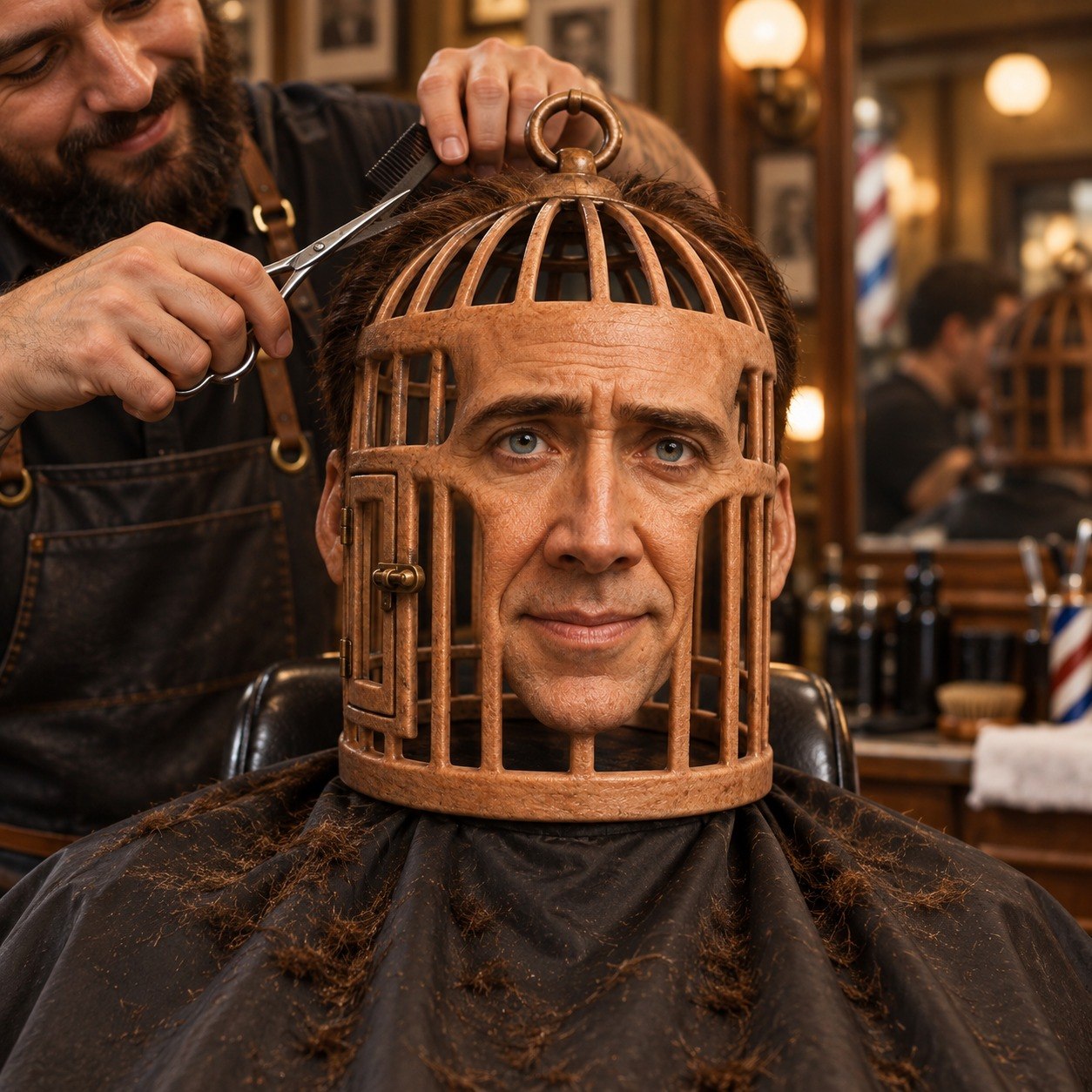 Nicolas Cage in a head-cage getting a haircut at a barbershop
