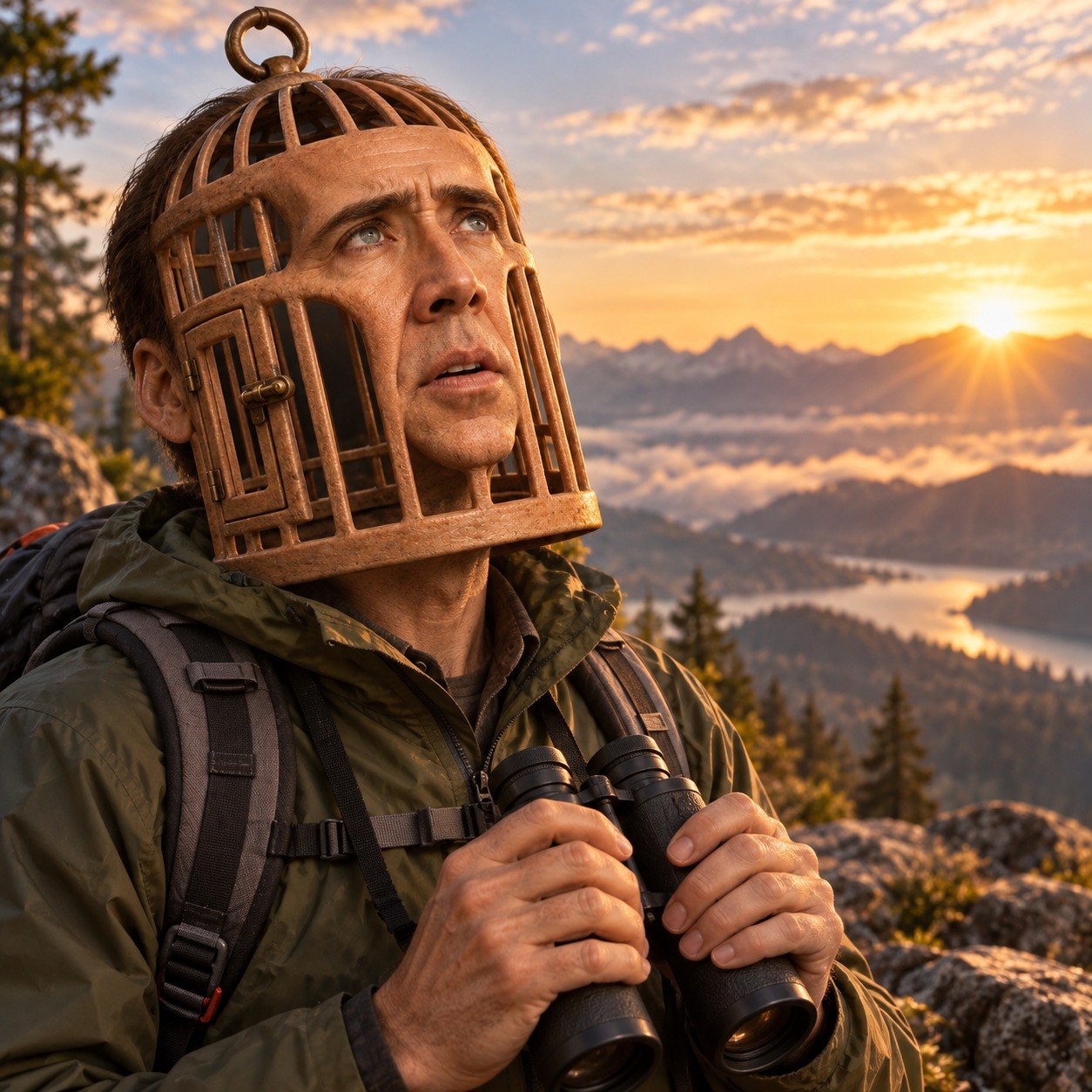 Nicolas Cage in a head-cage hiking at sunrise with binoculars