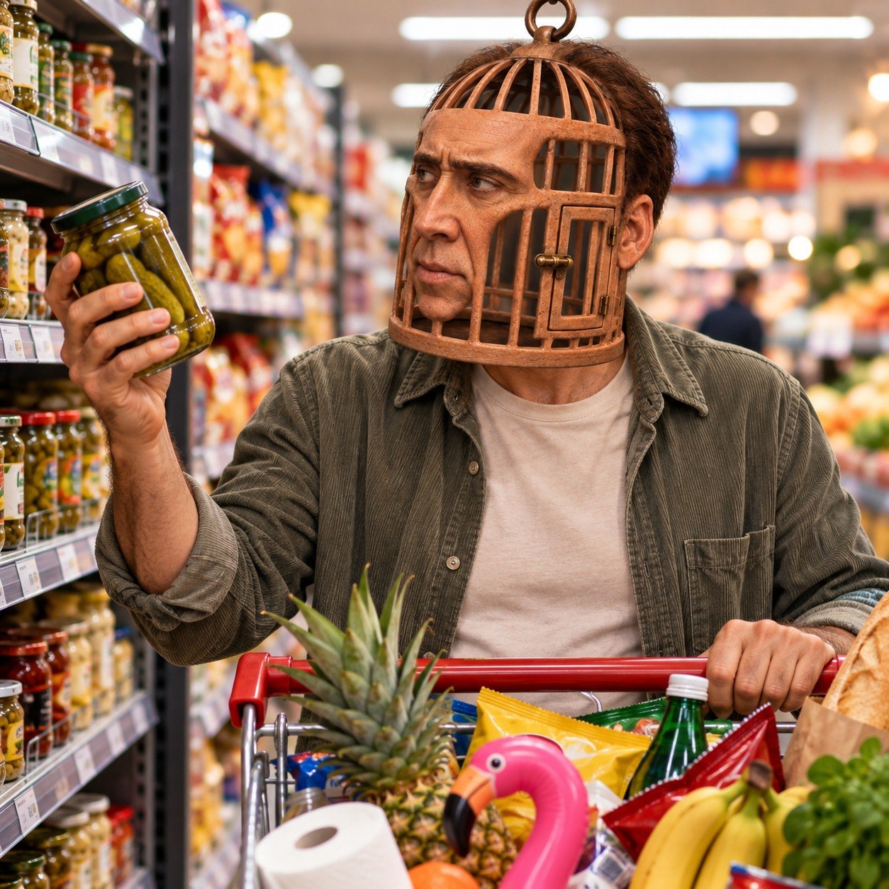 Nicolas Cage in a head-cage inspecting a jar of pickles in a supermarket