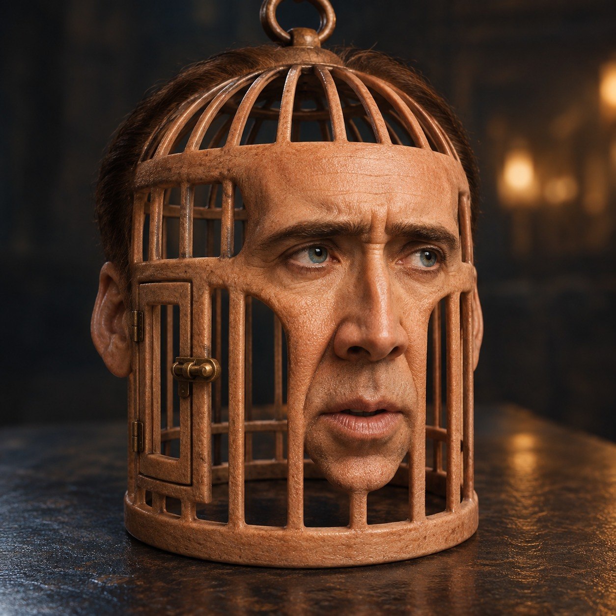 Nicolas Cage head-cage sitting on a dark wooden table